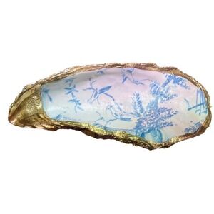 Gold Trim Blue‎ Chinoiserie Oyster Shell Trinket Dish Jewelry Ring Holder Decor